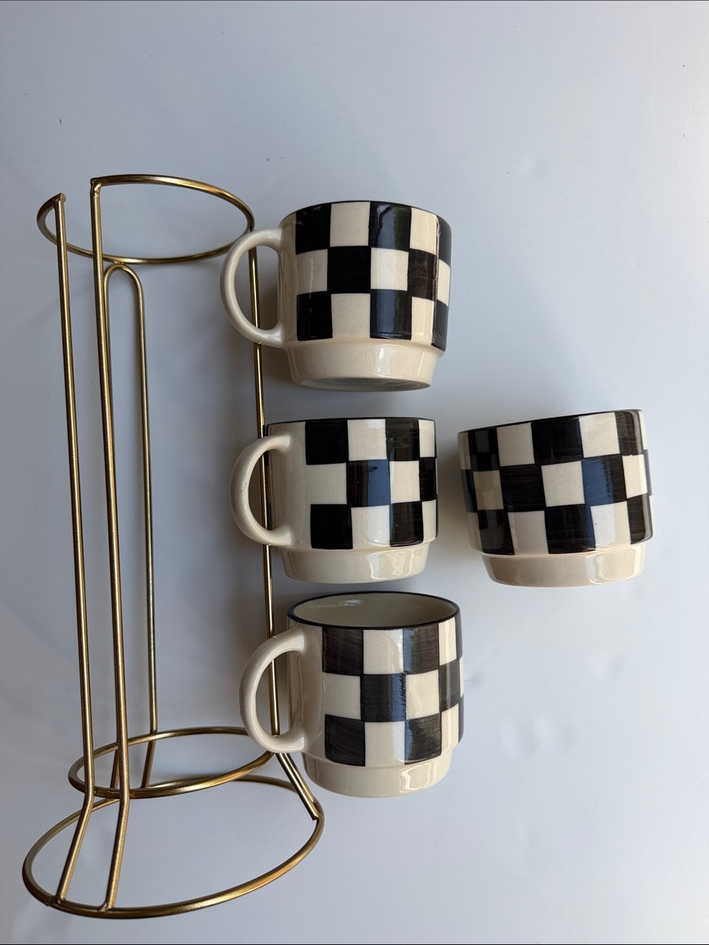 Checkered Black & White Stackable Mugs Set of 4